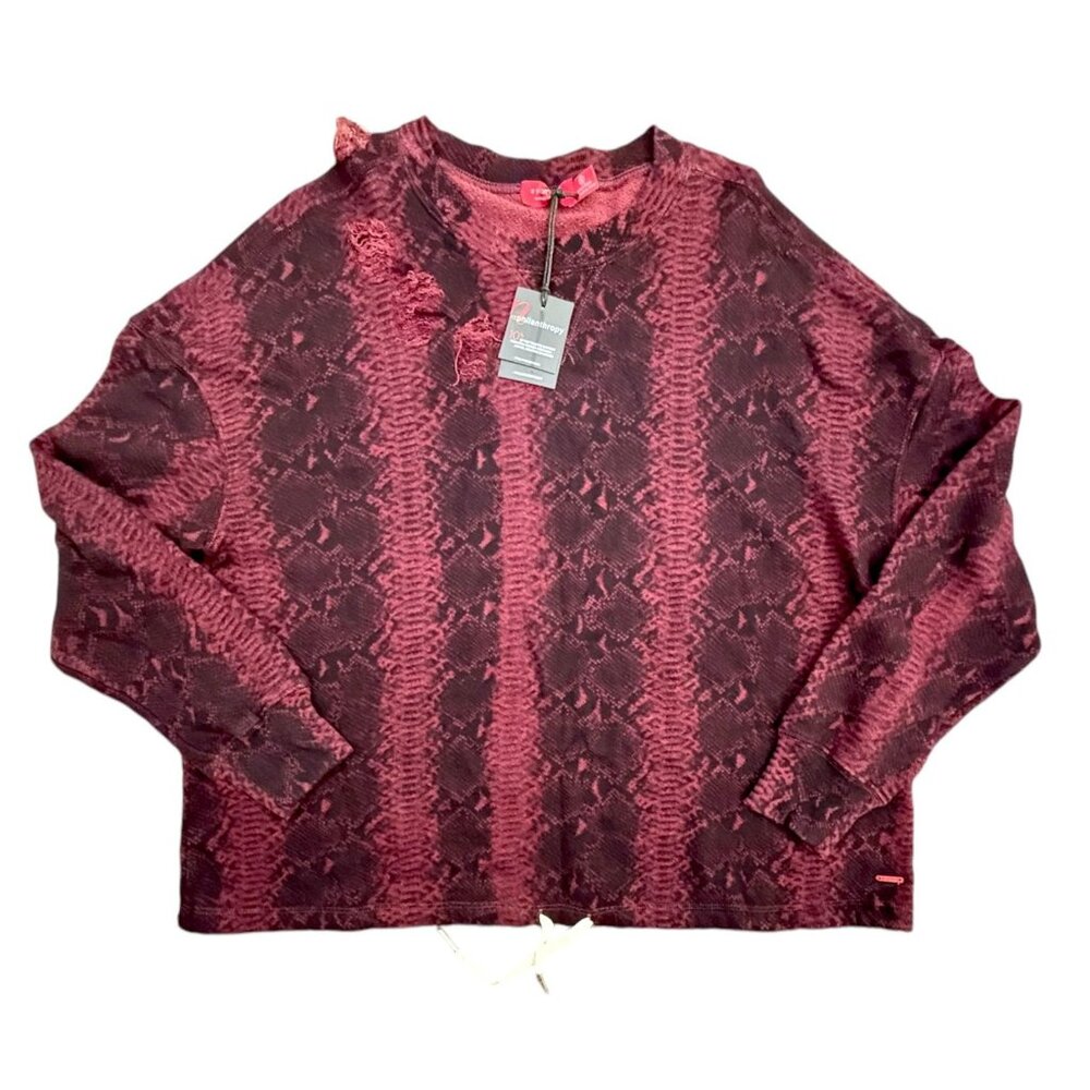 N:Philanthropy Women M Olympia Distressed Sweatshirt Burgundy Snake Print NWT